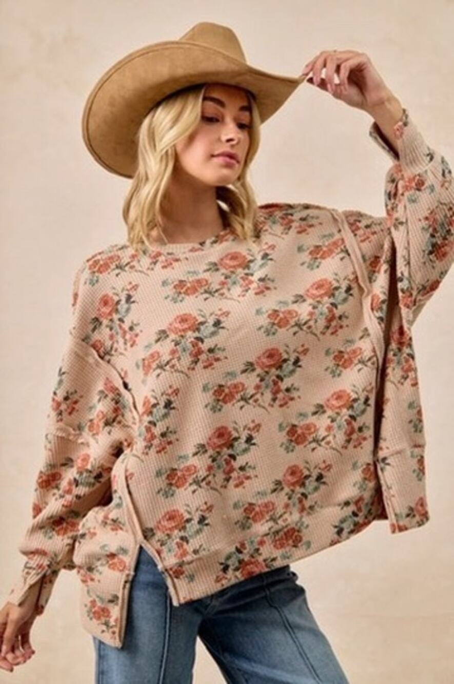 BiBi Rose Floral Print Oversized Waffle Knit Thermal Sweatshirt NWT